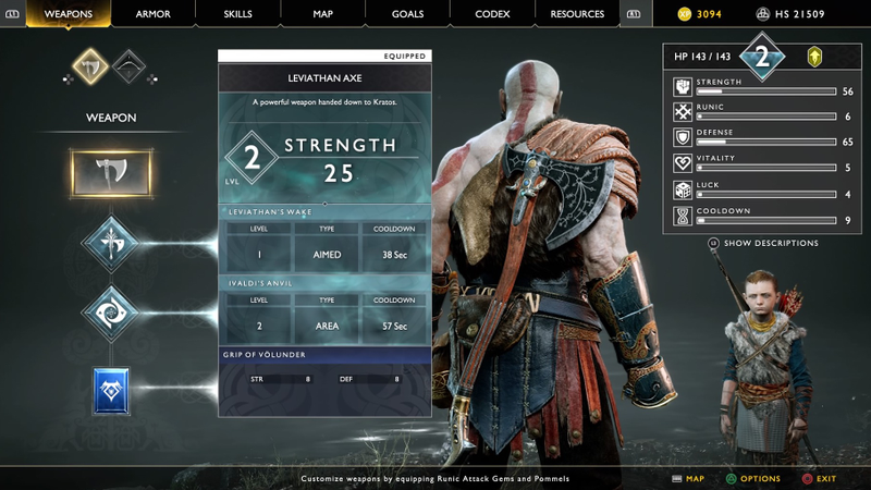 El menú de personalización del arma, Leviatán. También se puede personalizar armadura y habilidades tanto de Kratos como de Atreus.